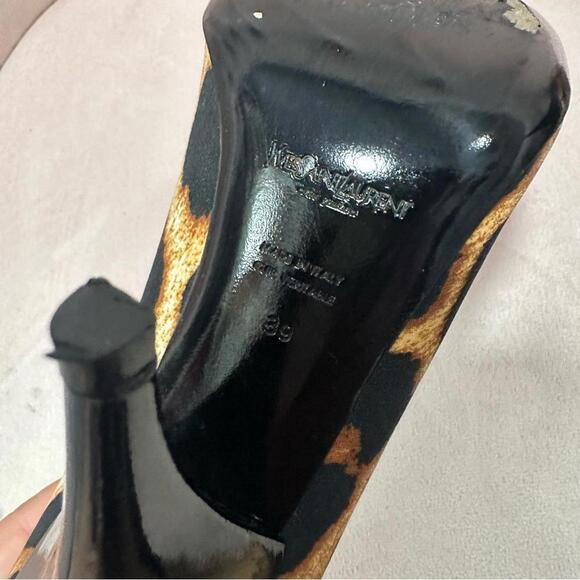 YSL Yves Saint Laurent Pumps Fabric Patent Heels Black Leopard - Picture 5 of 8